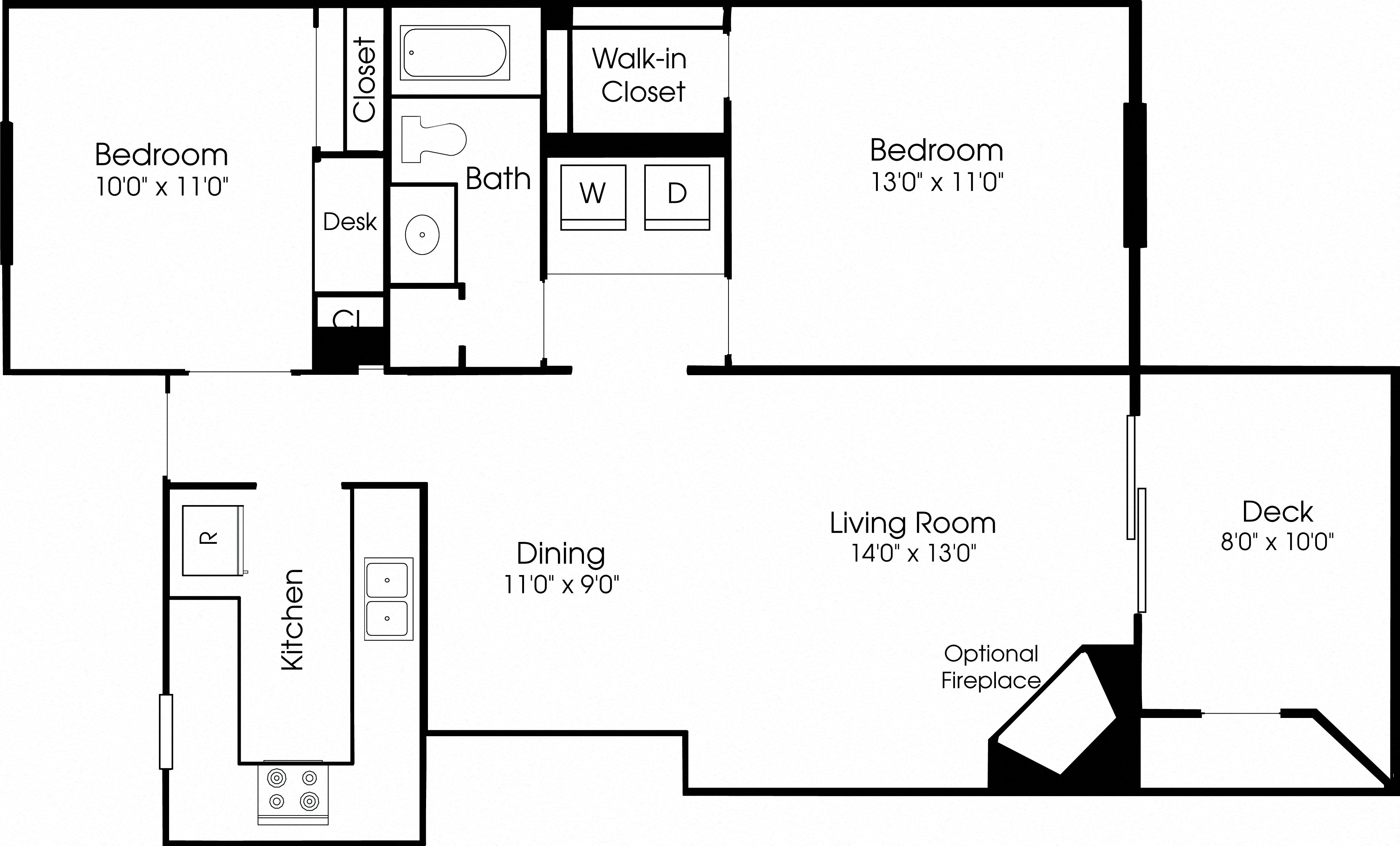 Floor plan for 2 beds, 1 bath, 953 sqft